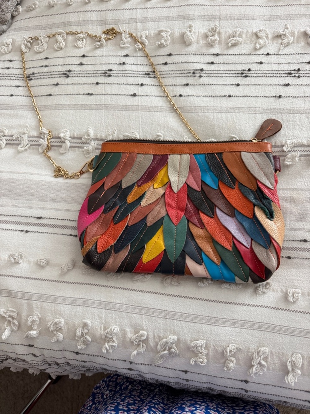 Multicolor Feather-Petal Leather Shoulder Bag with Gold Chain